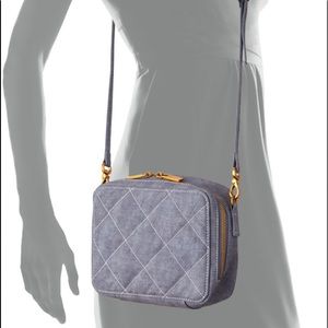 Neiman Marcus Blue Gray Diamond Quilted Fabric Crossbody Bag Purse